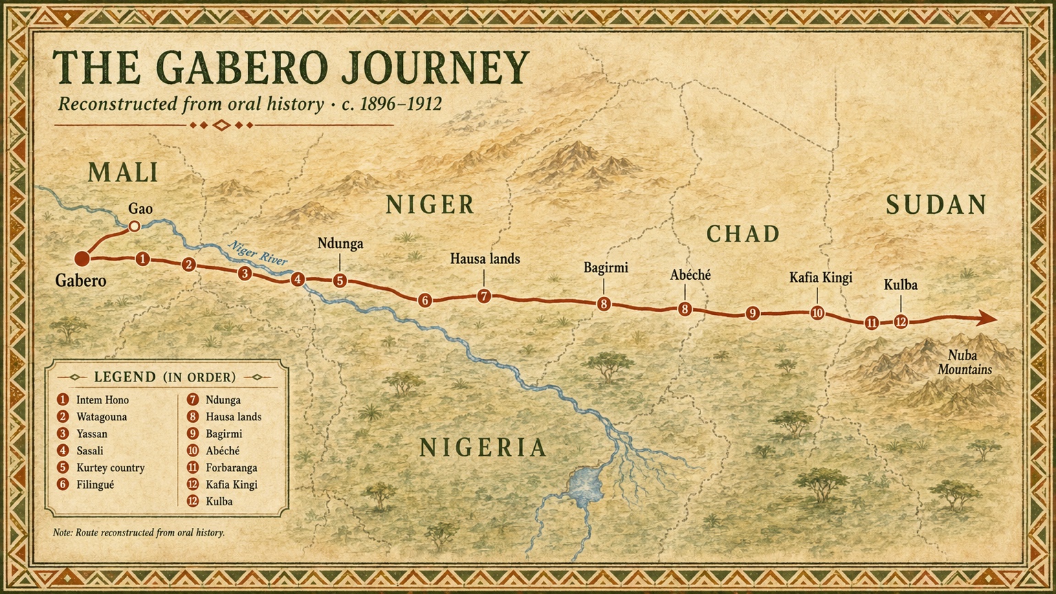 Illustrated map of the Gabero journey from Mali through Niger, Nigeria and Chad to Sudan